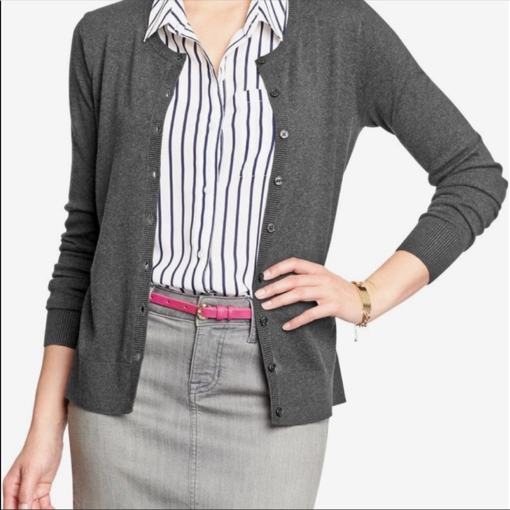 Ann Taylor Gray Button-Down Crew Neck Cardigan L - image 2